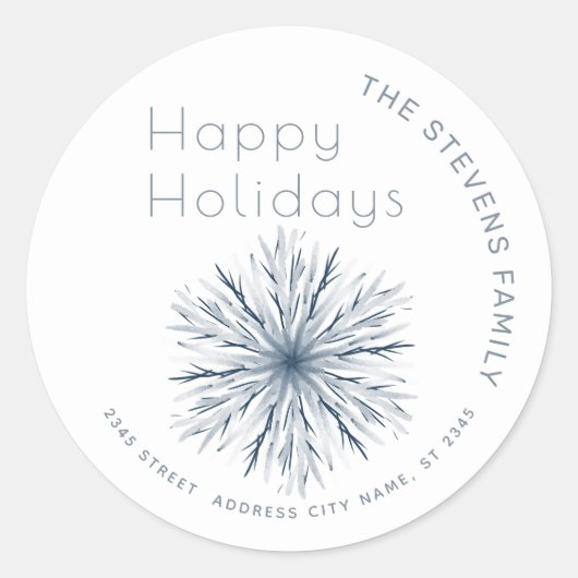 ミニマルな水彩雪の結晶 ハッピーホリデー ラウンドシール (正面)