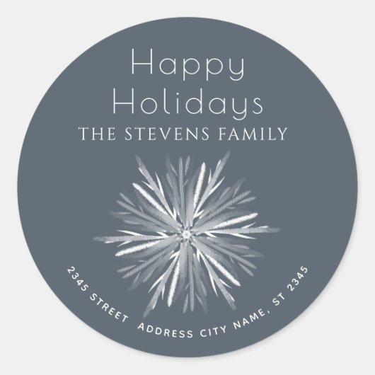 ミニマルな水彩雪の結晶　ハッピーホリデー ラウンドシール (正面)