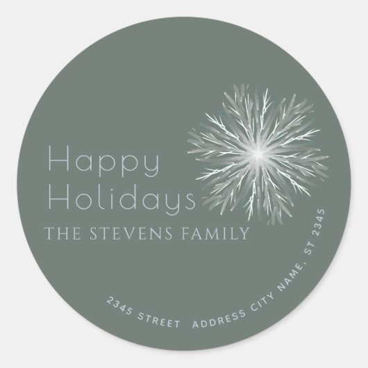 ミニマルな水彩雪の結晶　ハッピーホリデー ラウンドシール (正面)
