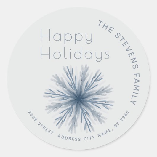 ミニマルな水彩雪の結晶　ハッピーホリデー ラウンドシール (正面)