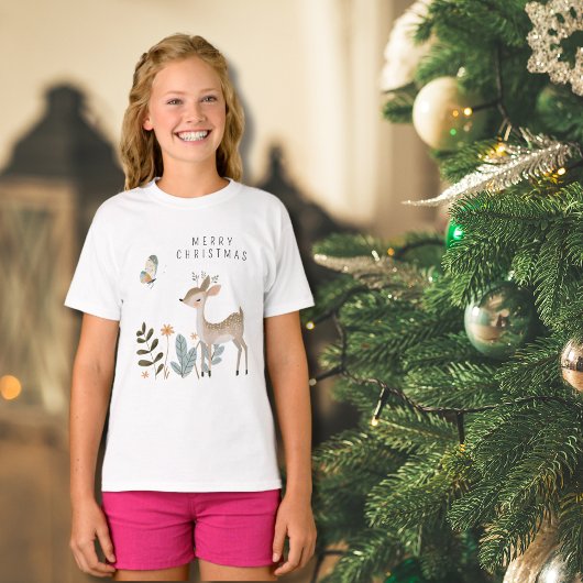 ミニマルな水彩鹿と蝶 Tシャツ