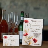 ミニマルな水色の赤い結婚花 出欠カード