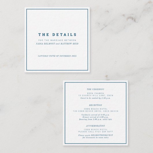 ミニマルな海軍白い四角の結婚式の詳細 エンクロージャーカード (正面/裏面)