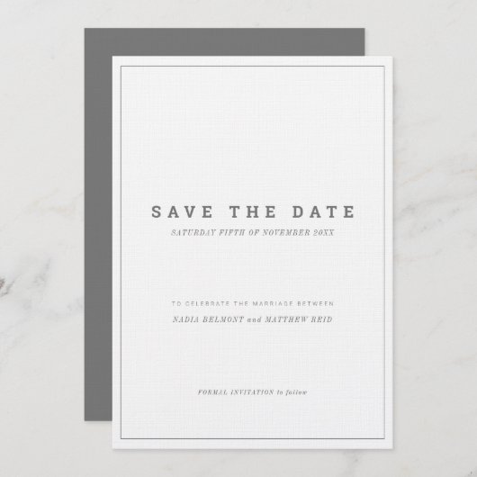 ミニマルな灰色と白色の縦型結婚式の「save the date」カード 招待状 (正面/裏面)