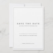 ミニマルな灰色と白色の縦型結婚式の「save the date」カード 招待状 (正面)
