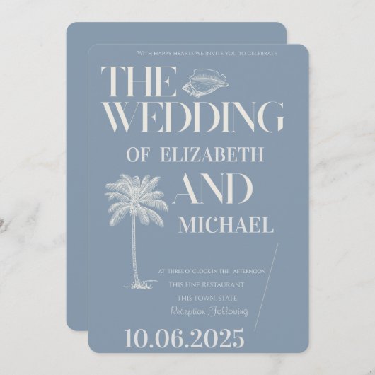 ミニマルな熱帯ほこりっぽいブルー 招待状 (正面/裏面)