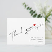 ミニマルな現代的なスクリプトハート ブライダルシャワー サンキューカード (スタンド正面)