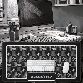 ミニマルな白い花 – チェック付き黒 デスクマット