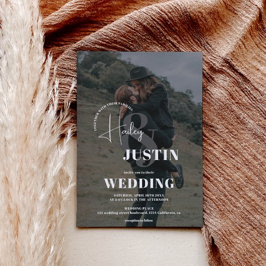 ミニマルな白い黒いフォトオーバーレイ結婚ズ 招待状