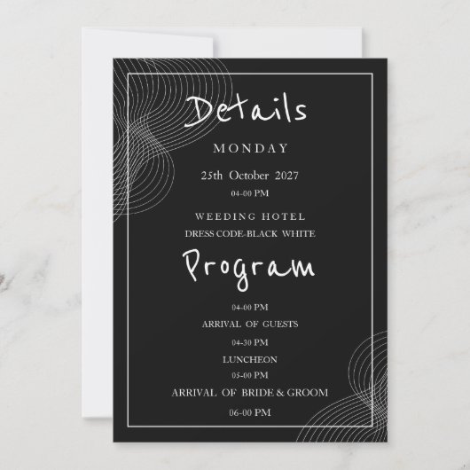 ミニマルな白と黒の幾何学的な詳細プログラム 招待状 (正面)
