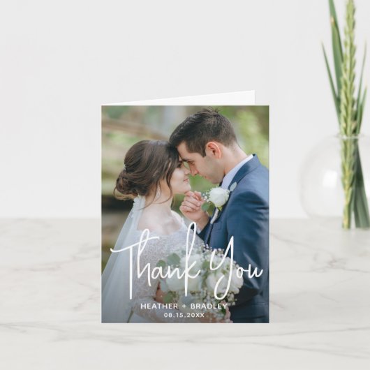 ミニマルな白黒の写真モダンの結婚数 サンキューカード (正面)