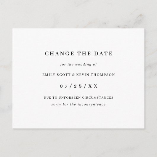 ミニマルな白黒の日付の変更 案内ポストカード (正面)