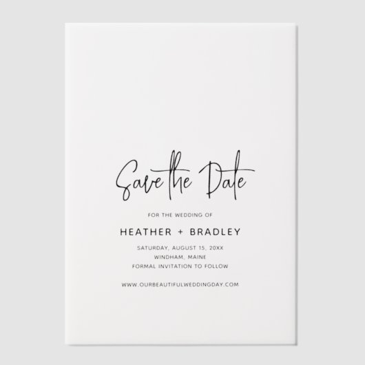 ミニマルな白黒の結婚式の日付を保存 ベラム紙招待状 (正面)