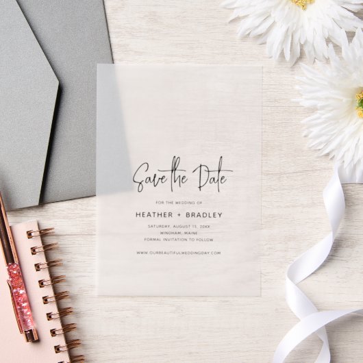 ミニマルな白黒の結婚式の日付を保存 ベラム紙招待状 (ウェディング)