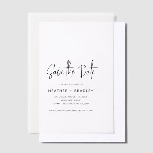 ミニマルな白黒の結婚式の日付を保存 ベラム紙招待状 (オフセット)