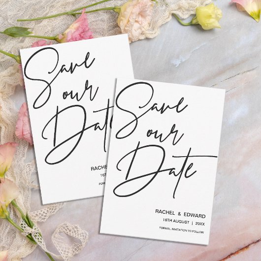 ミニマルな白黒の結婚式の日付を保存 出欠カード