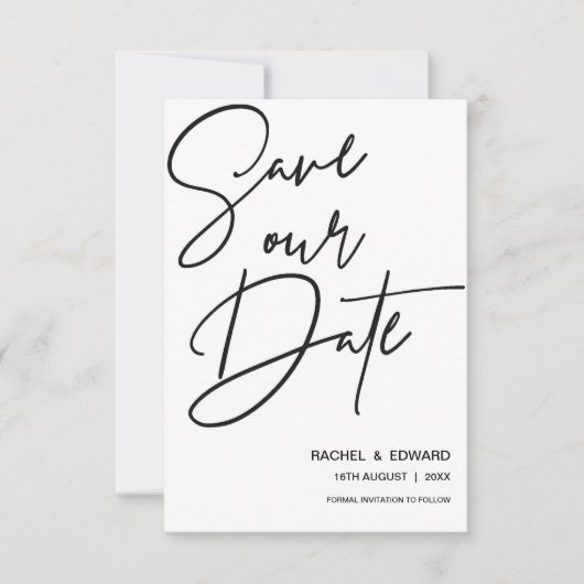 ミニマルな白黒の結婚式の日付を保存 出欠カード (正面)