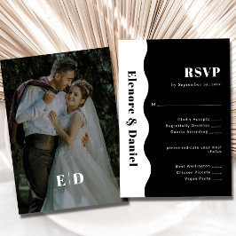 ミニマルな白黒サイドウェーブフォト結婚ズ 出欠カード