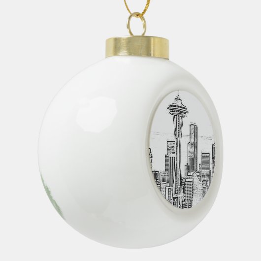 ミニマルな白黒シアトルスカイライン セラミックボールオーナメント (左)