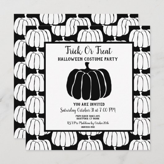 ミニマルな白黒ハロウィーンの衣装パーティー 招待状 (正面/裏面)