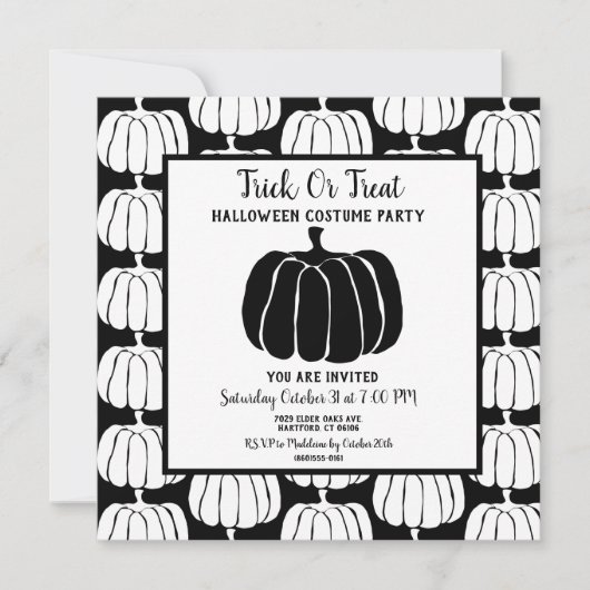 ミニマルな白黒ハロウィーンの衣装パーティー 招待状 (正面)