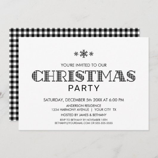 ミニマルな白黒バッファローのプレイドクリスマス 招待状 (正面/裏面)