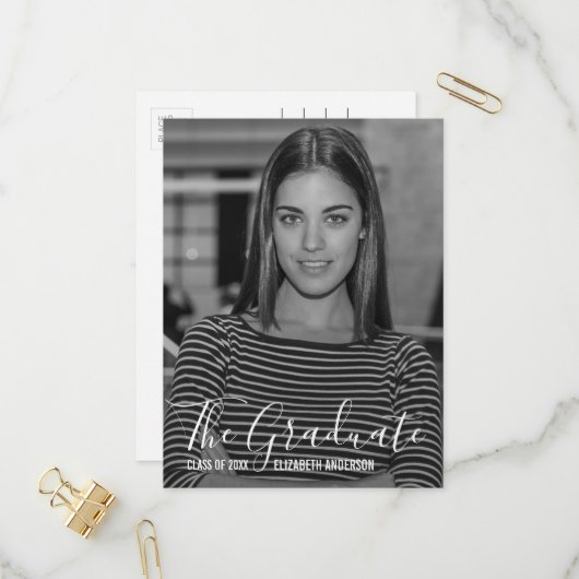 ミニマルな白黒フォト卒業パーティー インビテーションポストカード (正面/裏面インサイチュ)