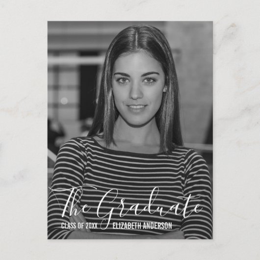 ミニマルな白黒フォト卒業パーティー インビテーションポストカード (正面)