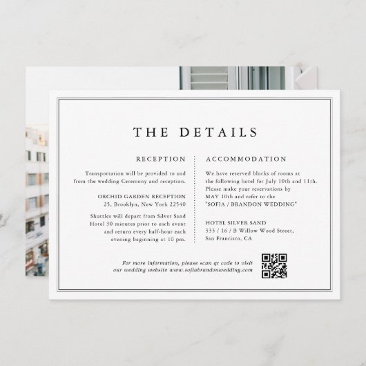 ミニマルな白黒フォト結婚詳細 エンクロージャーカード (正面/裏面)