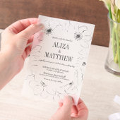 ミニマルな白黒フローラの重結婚ね合わせ ベラム紙招待状