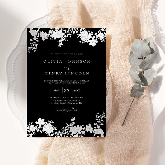 ミニマルな白黒フローラ結婚の写真 招待状