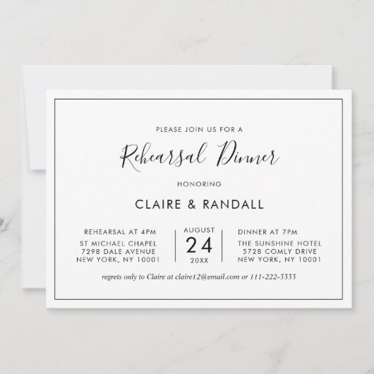 ミニマルな白黒リハーサルのディナー 招待状 (正面)