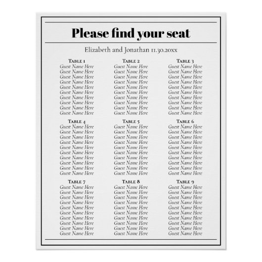 ミニマルな白黒結婚座席表 ポスター (正面)