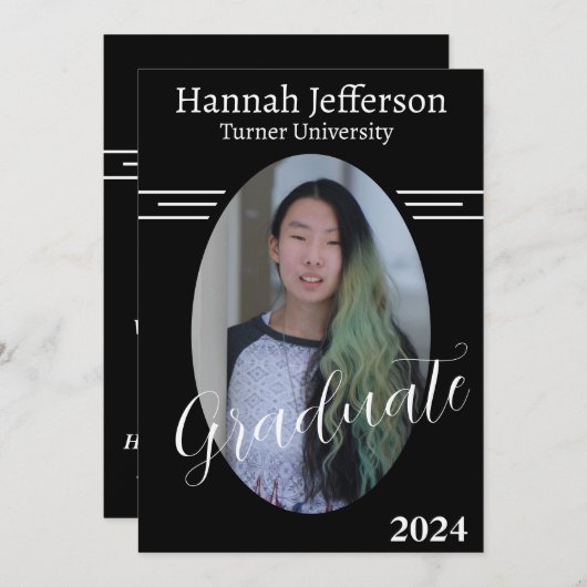 ミニマルな白黒2枚の写真卒業 招待状 (正面/裏面)