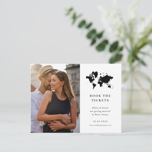 ミニマルな目的地の結婚式の写真の日付を保存 ポストカード (スタンド正面)