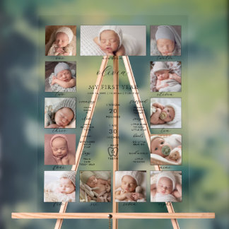 ミニマルな第1誕生日マイルストーン写真コラージュ アクリルサイン