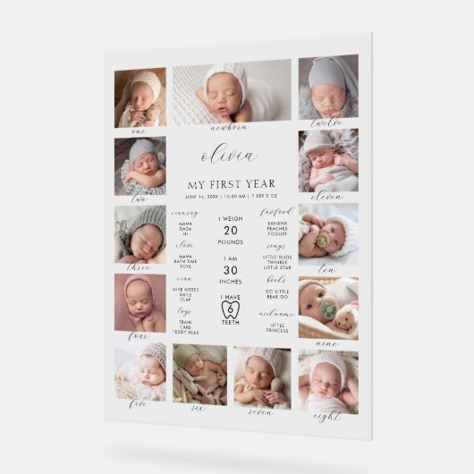 ミニマルな第1誕生日マイルストーン写真コラージュ アクリルサイン (傾斜)