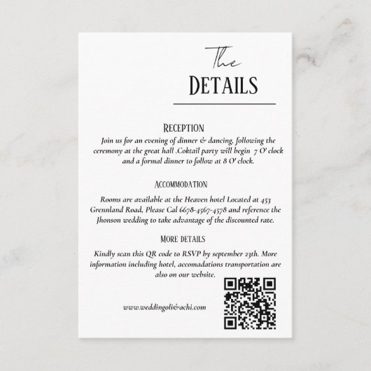 ミニマルな結婚式の招待状セット、結婚式の詳細 エンクロージャーカード (正面)