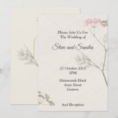 ミニマルな結婚式の招待状, 緑とピンクの花が咲く 招待状 (正面/裏面)
