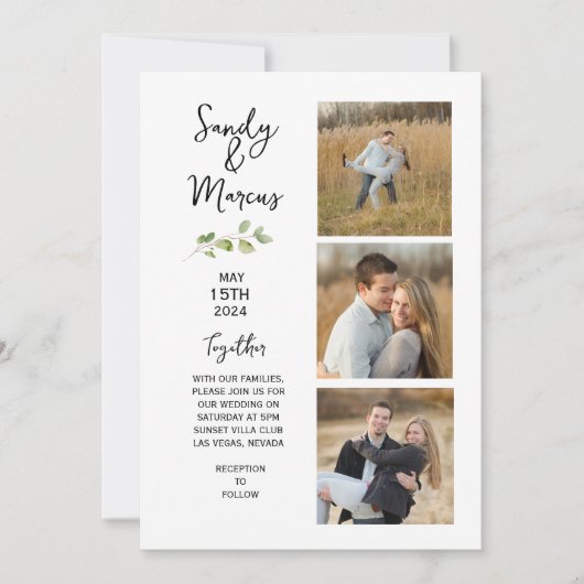 ミニマルな結婚式の3枚写真発表 招待状 (正面)