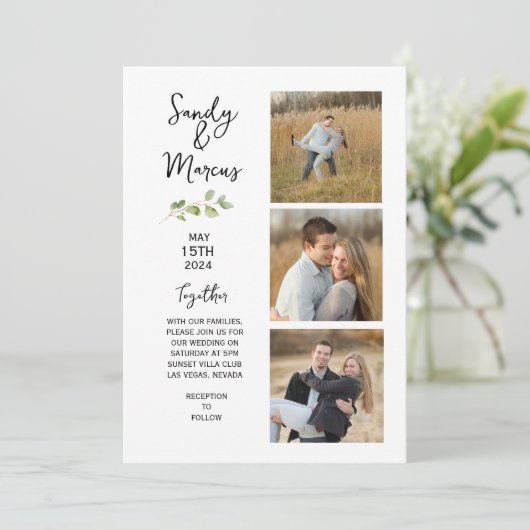 ミニマルな結婚式の3枚写真発表 招待状 (スタンド正面)