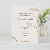 ミニマルな結婚式招待状, 緑とピンクの花 招待状 (スタンド正面)