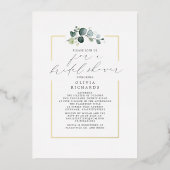 ミニマルな緑のエレガントスクリプトブライダルシャワー 箔招待状 (正面)