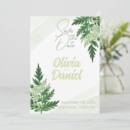 ミニマルな緑のシダの結婚式の日付カードを保存 招待状 (スタンド正面)
