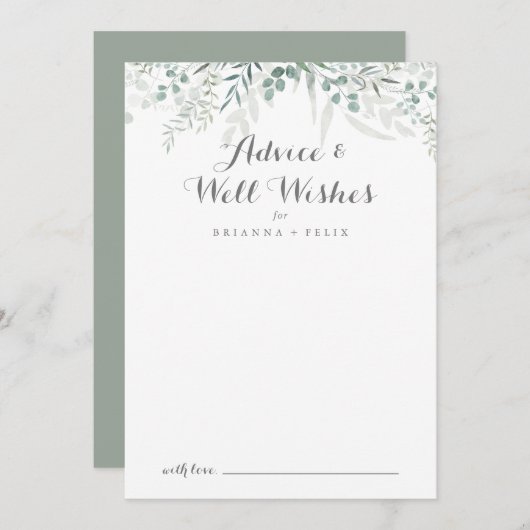 ミニマルな緑のユーカリ結婚の願い アドバイスカード (正面/裏面)