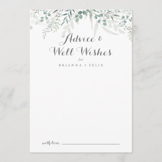 ミニマルな緑のユーカリ結婚の願い アドバイスカード (正面)