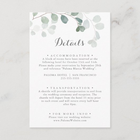 ミニマルな緑のユーカリ結婚プス詳細 エンクロージャーカード (正面)