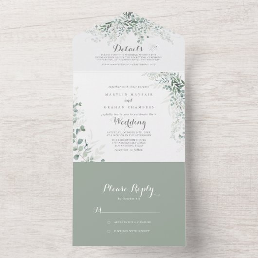 ミニマルな緑のユーカリ結婚プス オールインワン招待状 (内側)