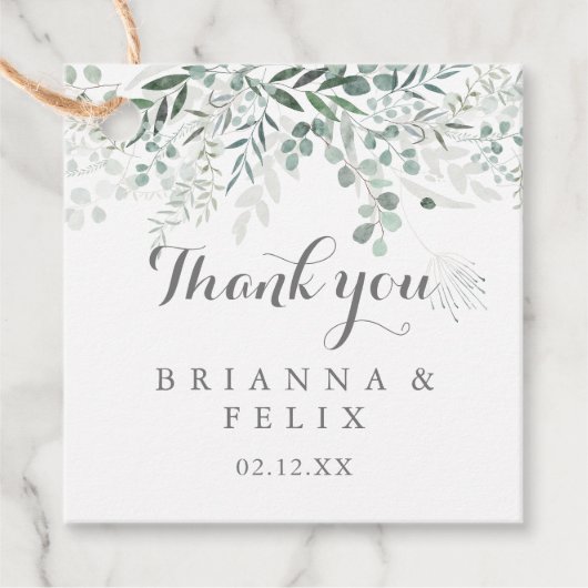 ミニマルな緑のユーカリ結婚プス フェイバータグ (正面)