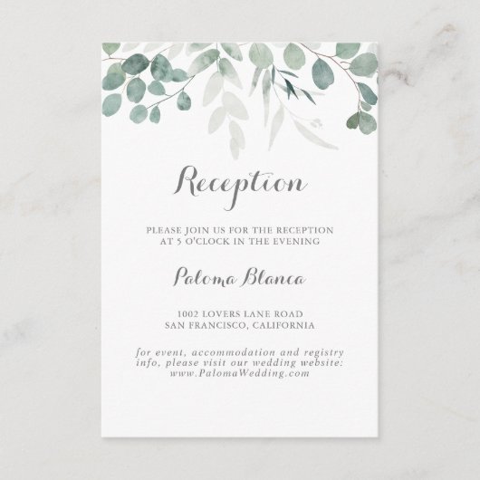 ミニマルな緑のユーカリ結婚式レセプション エンクロージャーカード (正面)